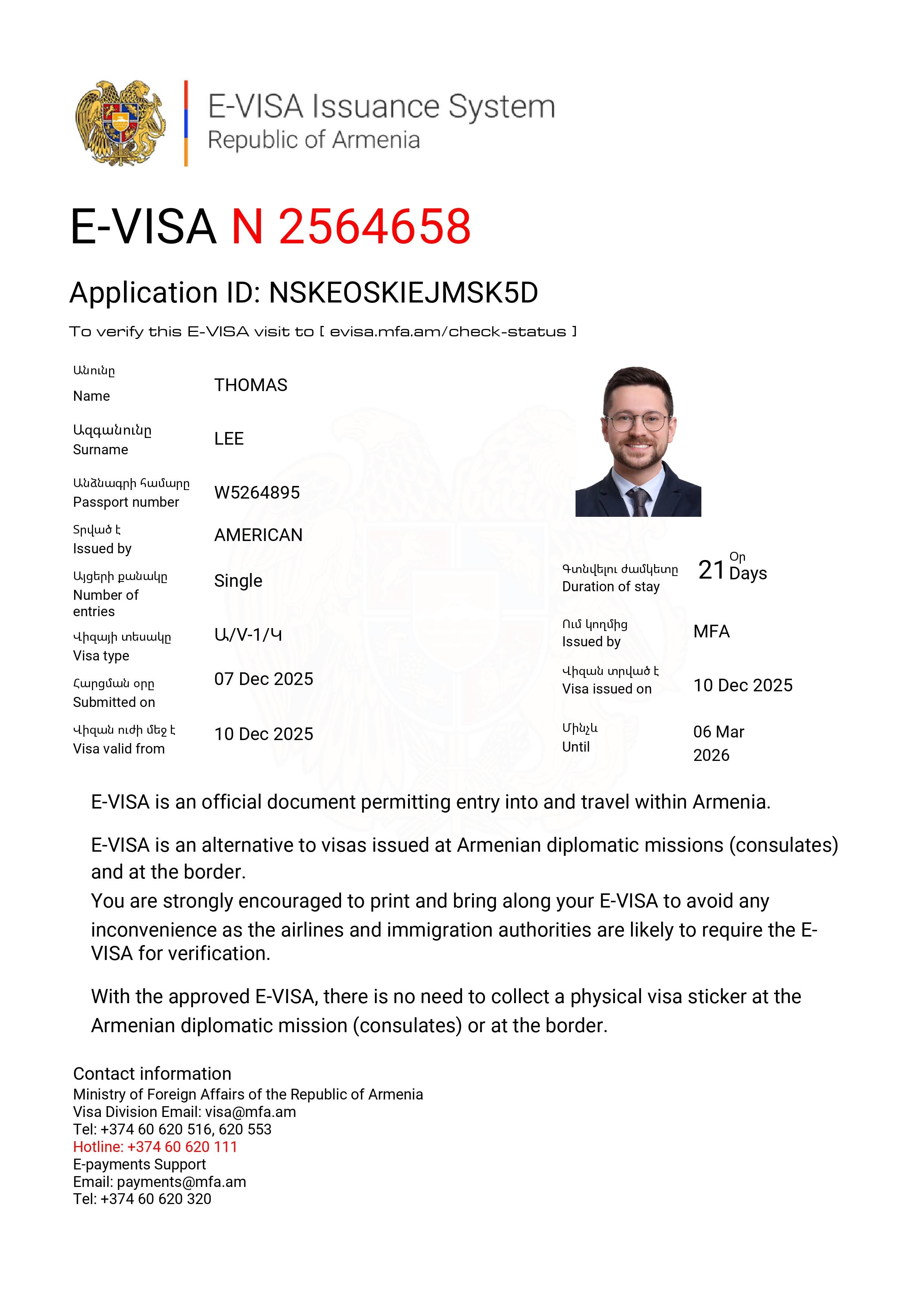 eVisa Approval Document Armenia