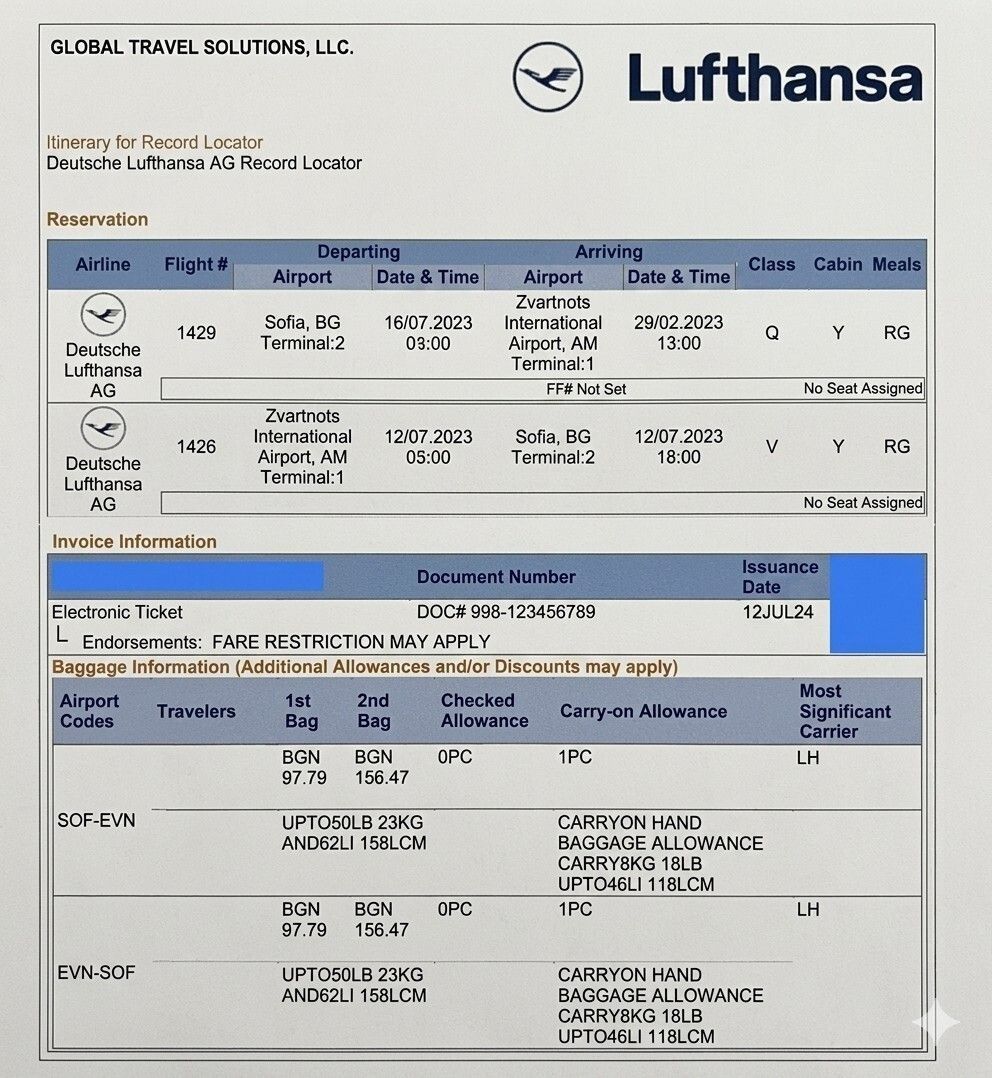 Sample Of A Return Air Ticket Reservation