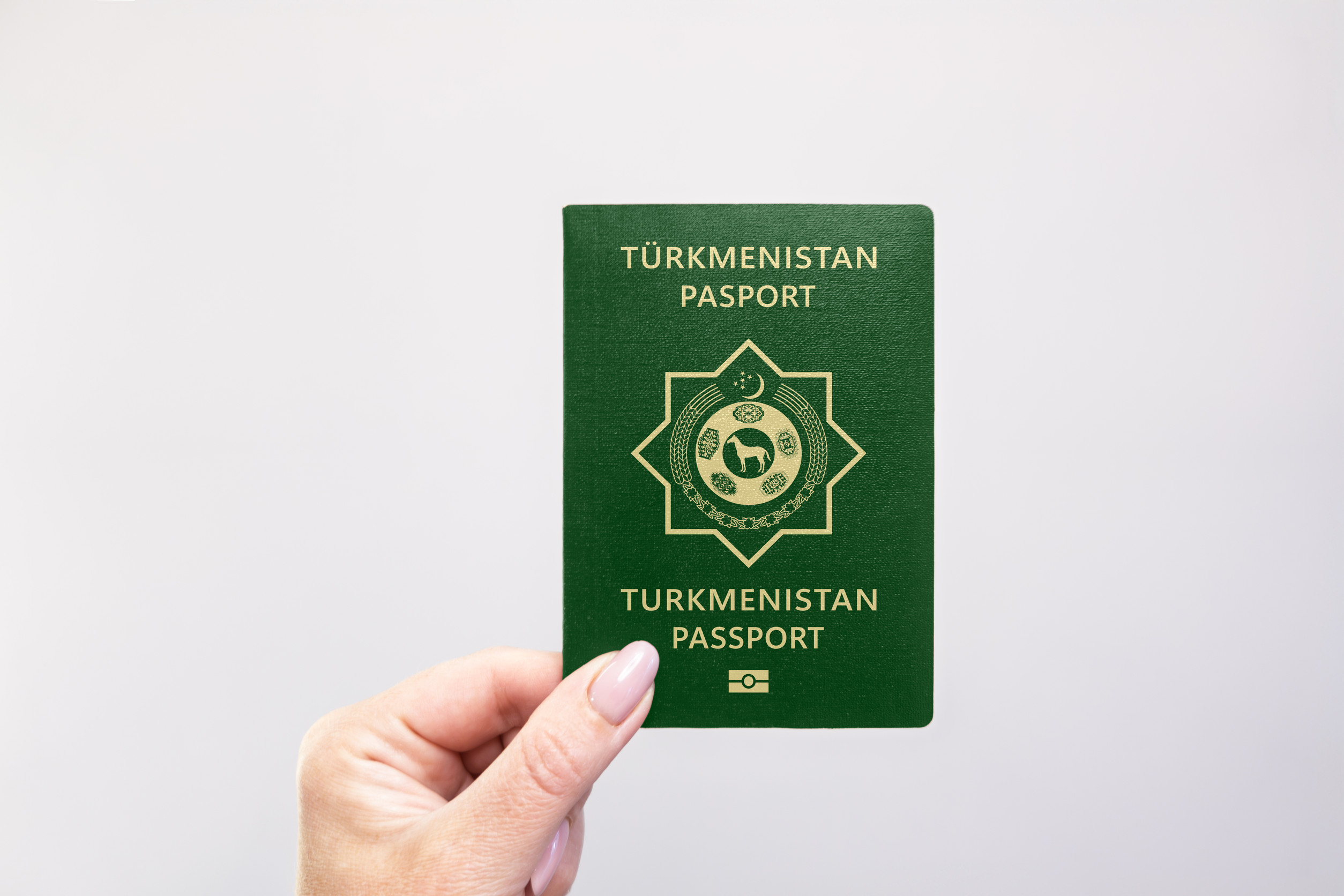 Turkmenistan Passport Held In Hand Against A Plain White Background