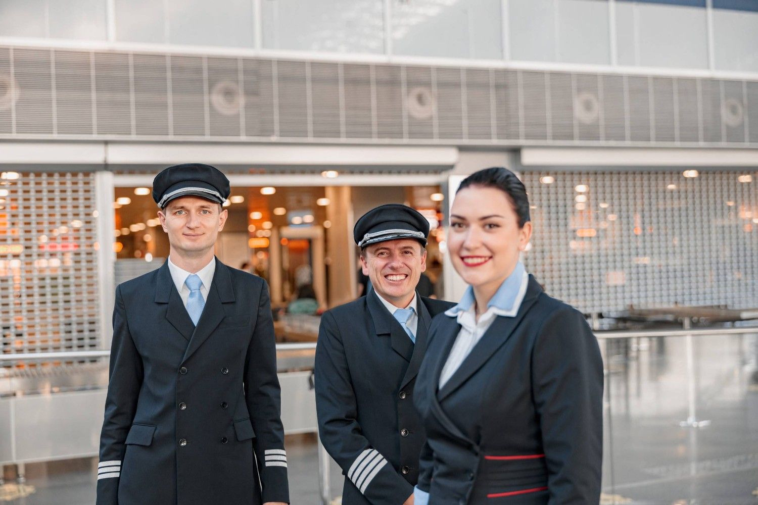 Two Pilots And A Stewardess Standing Together At An Airport